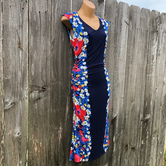 Boden 4R Blue Floral Bodycon Wiggle Dress V-Neck - Picture 2 of 8